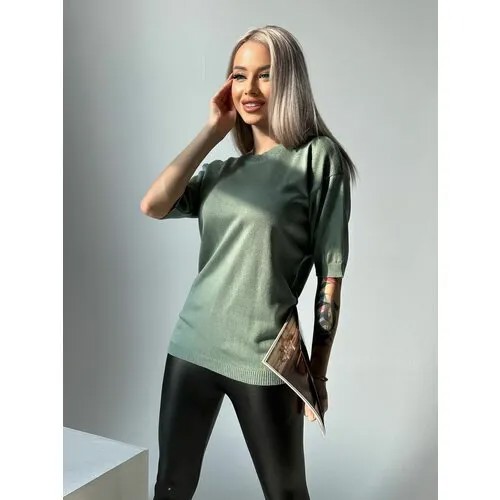 Свитер MS Collection, короткий рукав, полуприлегающий силуэт, удлиненный, трикотаж, размер 42-44, хаки