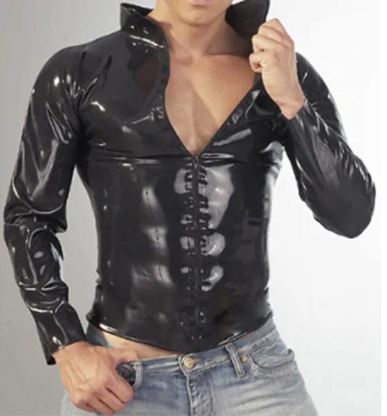 Модные черные рубашки из латекса для мужчин с молнией спереди, сексуальное резиновое пальто для мужчин, размера плюс