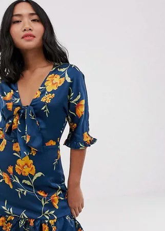 Темно-синее чайное платье с цветочным принтом Parisian Petite-Темно-синий