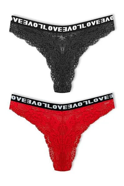 Бразильские кружевные эластичные женские трусики с высокой талией LOVE, 2 предмета HNX, черный красный
