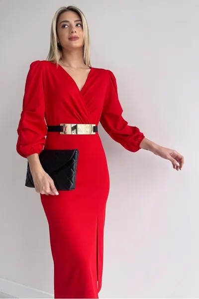 Женское подарочное креповое платье с поясом и разрезом, короткий рукав, длина миди, двубортное красное вечернее платье lovebox, красный