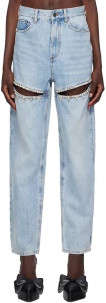 Синие джинсы AREA с кристаллами и разрезом