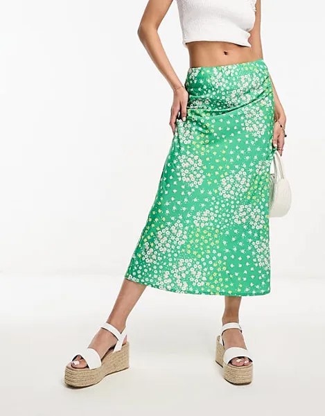 Атласная юбка-комбинация миди Wednesday's Girl с зеленым цветочным принтом