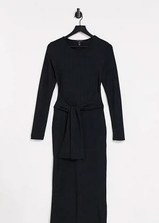 Черное платье миди в рубчик с завязкой спереди и рукавами длиной 3/4 New Look Tall-Черный цвет