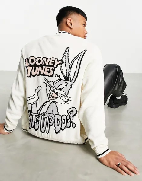Светло-бежевый вязаный кардиган в стиле oversized с рисунком Багза Банни на спине ASOS DESIGN-Светло-бежевый цвет