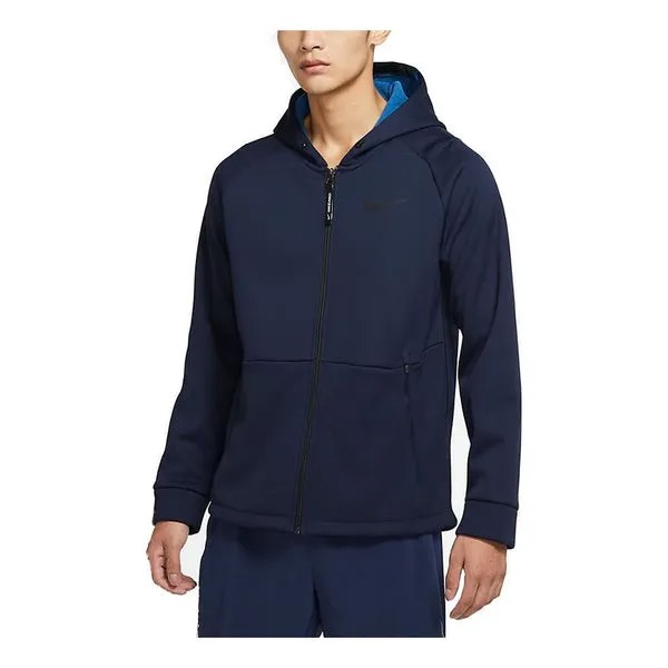 Куртка Nike Pro Therma-FIT Fleece Stay Warm Sports Training hooded Logo Jacket Navy Blue, синий