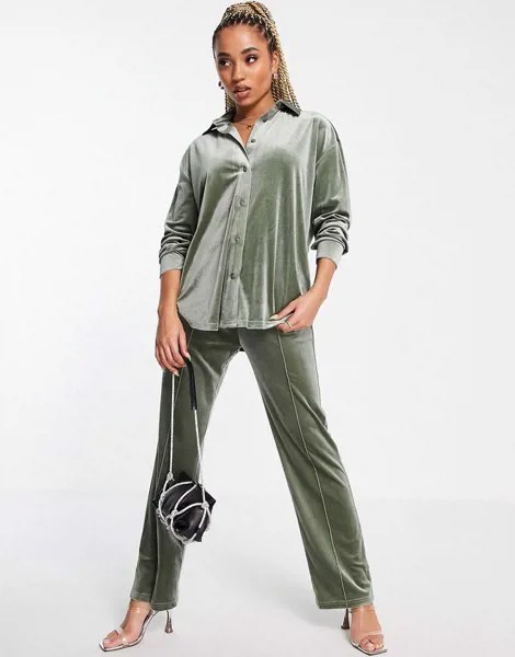 Бархатные спортивные штаны от пижамного костюма цвета хаки ASOS DESIGN-Зеленый цвет