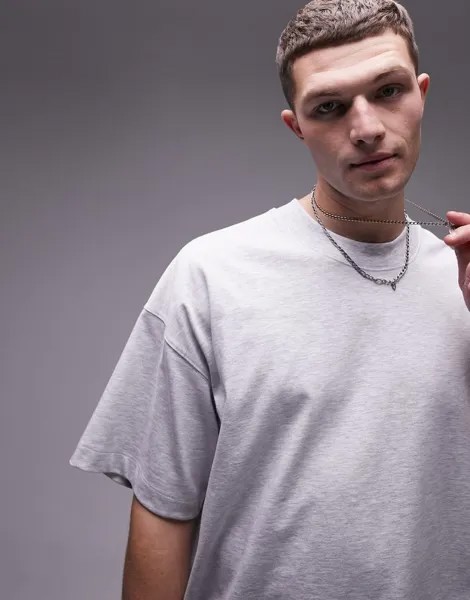 Светло-серая футболка оверсайз с заниженной проймой премиум-класса Topman