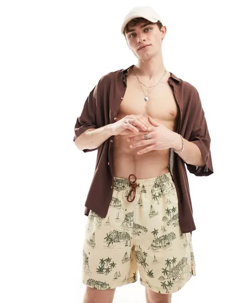 Кремовые шорты для плавания с островным принтом Hunky Trunks