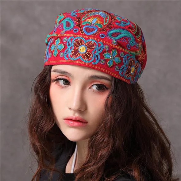 Женщины мексиканский стиль этнических винтажная вышивка Цветок Тюрбан Красный Печатные Шляпа