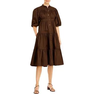 Женское коричневое хлопковое платье-рубашка миди Tory Burch с пышными рукавами 2 BHFO 8247