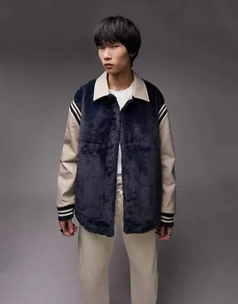 Темно-синий пушистый университетский бомбер Topman