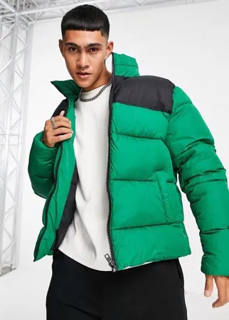 Зеленая дутая куртка с контрастной вставкой ASOS DESIGN-Зеленый цвет