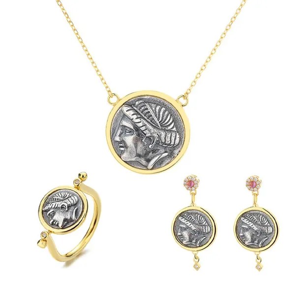 YDN ZFSILVER 925 Серебряный Модный Роскошный венерина Ретро золотые старинные монеты наборы серьги кольцо ожерелье цепочка женские свадебные ювелирные изделия для девушек