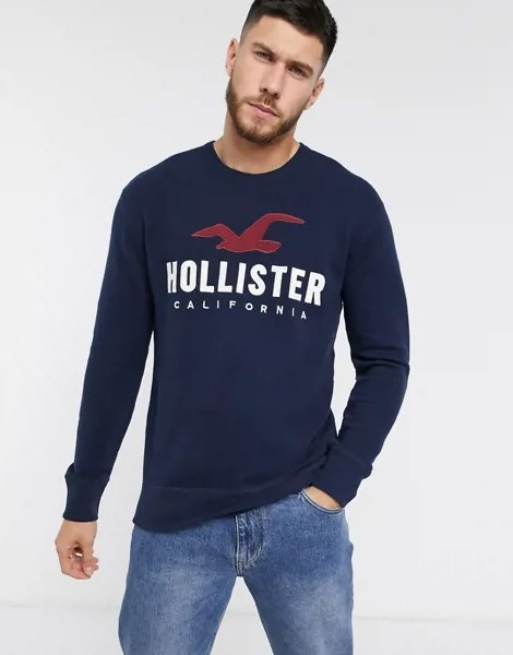 Темно-синий свитшот с круглым вырезом и логотипом Hollister