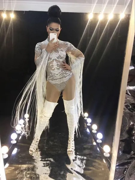Телесный пикантный боди с кисточками для выступлений Женская сценическая одежда для шоу вечевечерние танцевальная одежда для косплея белы...