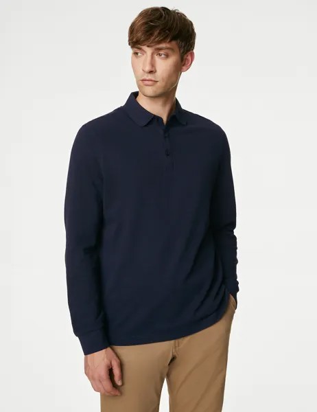 Рубашка поло из чистого хлопка с длинными рукавами Marks & Spencer, темно-синий