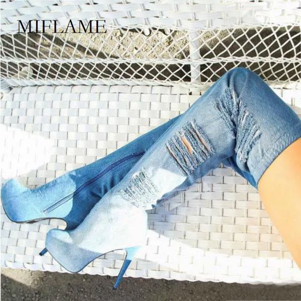 Женские джинсовые ботфорты, синие эластичные сапоги выше колена на тонком высоком каблуке с острым носком и дырками, 2021