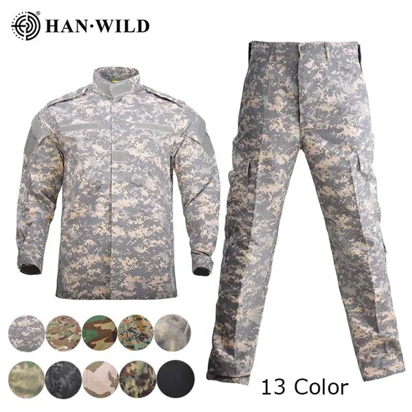 Комплект тактической униформы HAN WILD, Мужская камуфляжная военная одежда для страйкбола, брюки с наколенниками, боевая рубашка, костюм для ох...