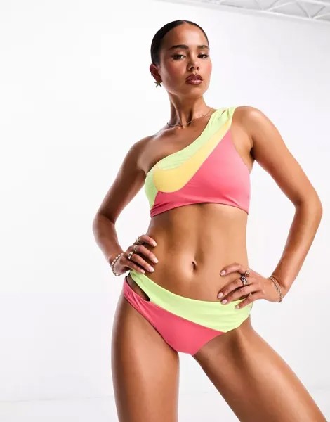 Розовый и зеленый асимметричный купальник бикини с колор-блоком Nike Swoosh Icon Swoosh