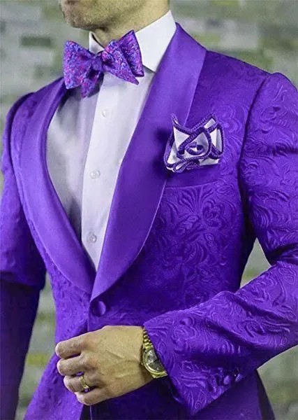 Смокинги для жениха на одной кнопке в классическом стиле, фиолетовые с узором пейсли, шаль с отворотом, мужские костюмы с блейзером (куртка + ...