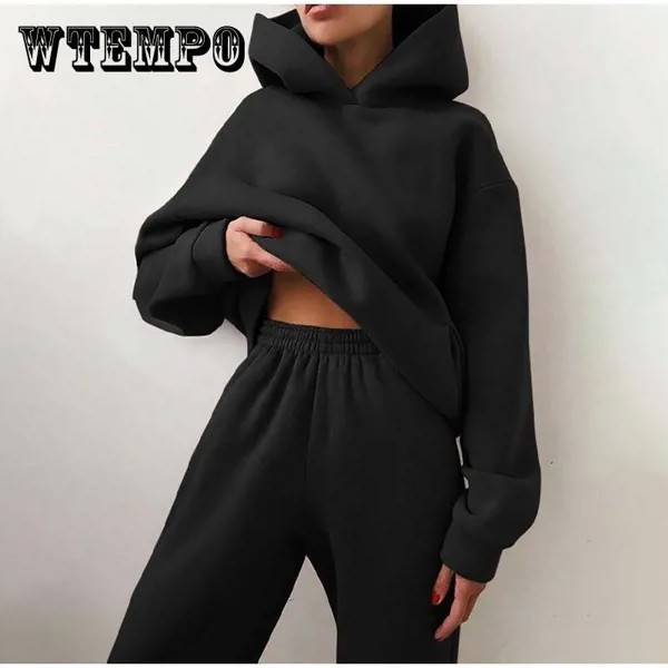 2PCS Женский спортивный костюм Твердые спортивные костюмы с капюшоном Осень Теплая толстовка Повседневная толстовка с длинным рукавом Толстовки и длинные брюки Флис Два комплекта