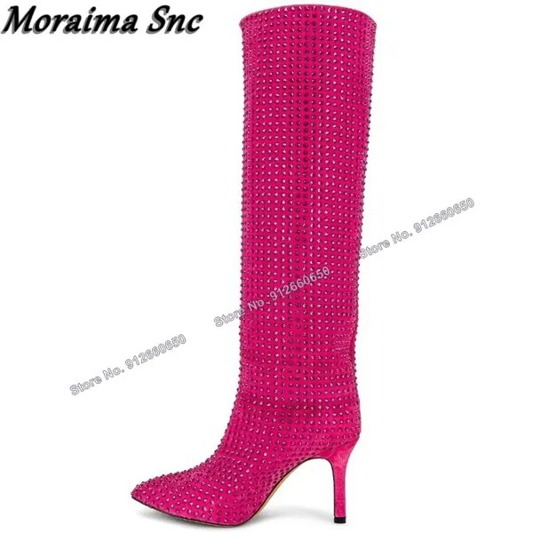 Женские сапоги со стразами Moraima, однотонные плиссированные сапоги до середины икры, с острым носком, на высоком каблуке-шпильке, подиумная обувь на каблуке, размер 44,