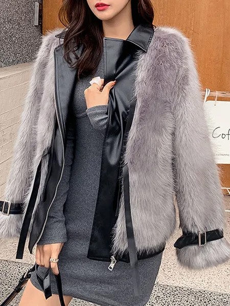 Milanoo Faux Fur Coats For Women Turndown Collar Long Sleeves Polyester Grey Winter Coat