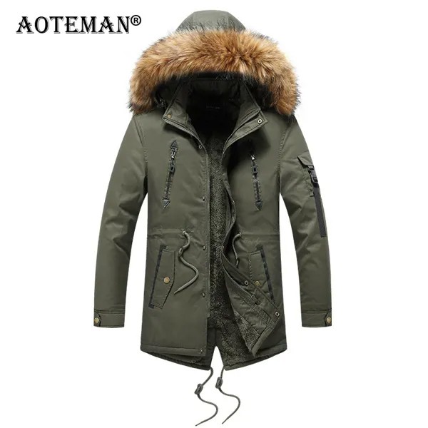 Мужские зимние куртки с меховым воротником, пальто с капюшоном, теплая термальная ветровка, Длинные флисовые пальто, парки, Мужская одежда, ...