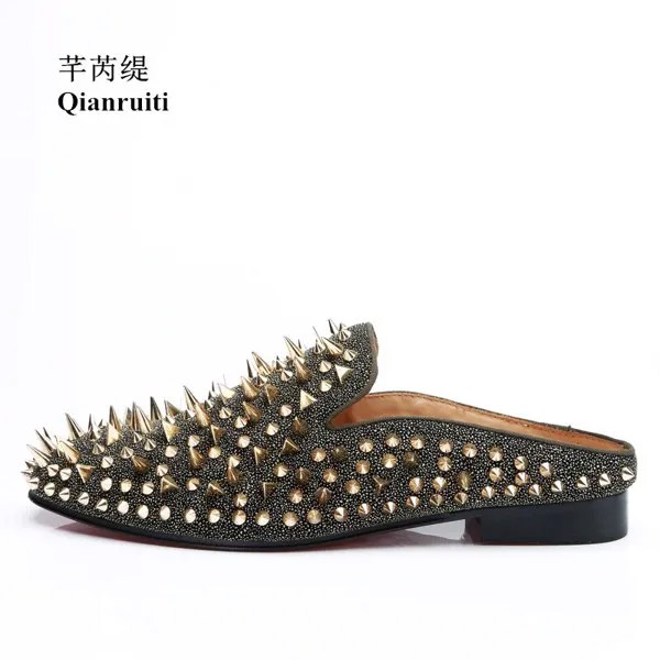 Мюли Qianruiti, модный дизайн, на плоской подошве, мужские шлепанцы, обувь, полуслипоны, блестящие лоферы с заклепками, EU39-EU47, мужская повседневна...