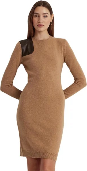 Платье LAUREN Ralph Lauren Petite Faux Leather Trim Wool Cashmere Dress, цвет Classic Camel