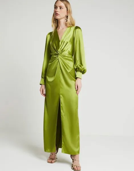 Зеленое атласное платье макси с закрученной передней частью River Island
