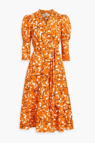 Платье миди Leylani из хлопкового поплина с принтом и оборками DIANE VON FURSTENBERG, оранжевый
