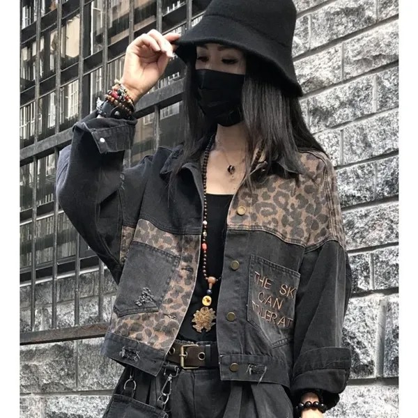 Женская джинсовая куртка с леопардовым принтом, короткая потертая куртка с вышивкой и дырками, Y657, для весны и осени