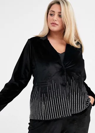 Бархатный пиджак-смокинг со стразами Fashion Union Plus-Черный