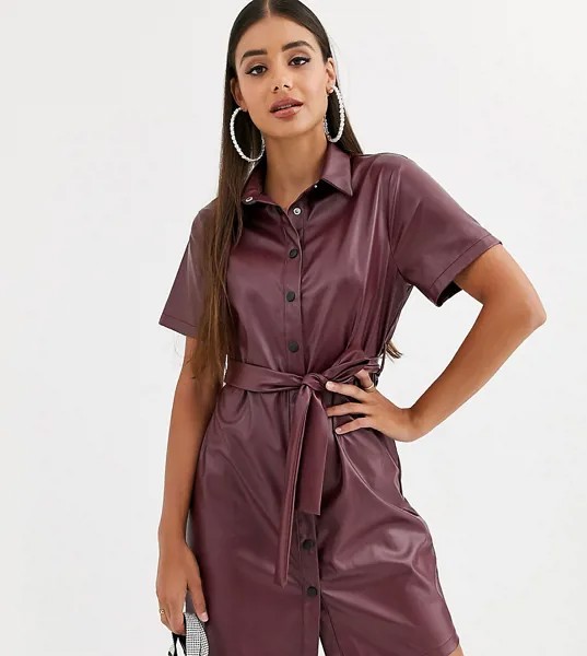 Бордовое платье-рубашка из искусственной кожи с поясом Missguided Tall-Красный
