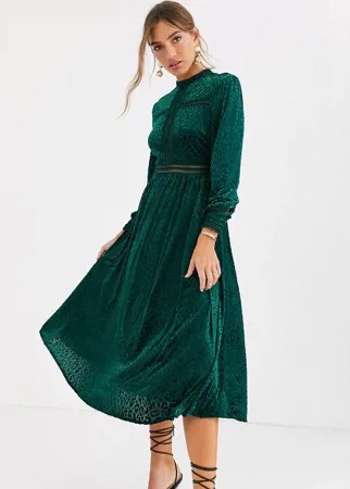 Изумрудно-зеленое бархатное платье макси с длинными рукавами By Malina-Зеленый