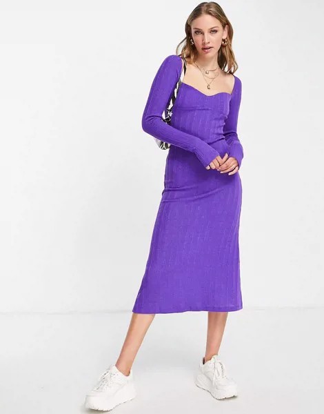 Платье миди фиолетового цвета из вязаного трикотажа с длинными рукавами и вырезом сердечком ASOS DESIGN-Фиолетовый