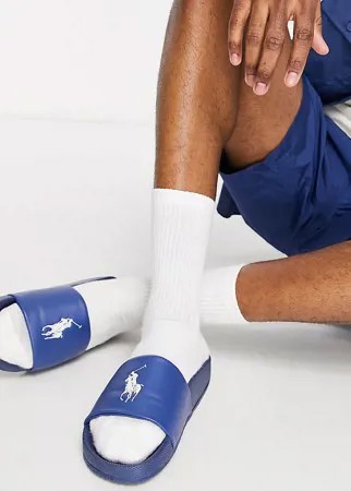 Эксклюзивные темно-синие шлепанцы с логотипом игрока в поло кремового цвета Polo Ralph Lauren x ASOS-Темно-синий