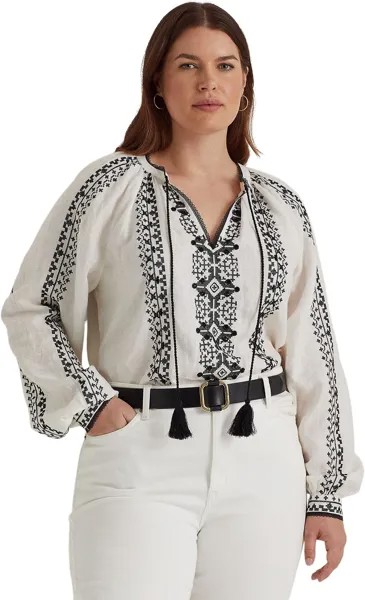 Льняная блузка больших размеров с вышивкой LAUREN Ralph Lauren, цвет White/Black