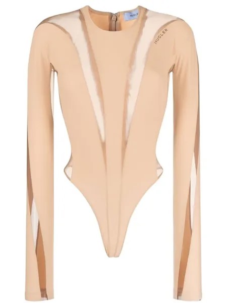 Mugler прозрачное боди с длинными рукавами, нейтральный цвет