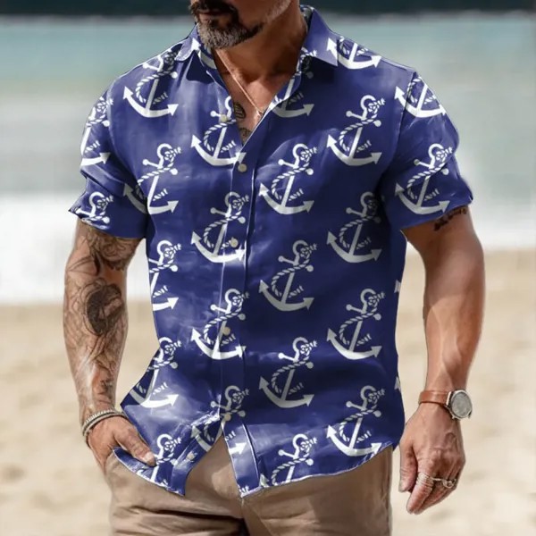 Мужская винтажная гавайская пляжная рубашка с морским якорем и коротким рукавом