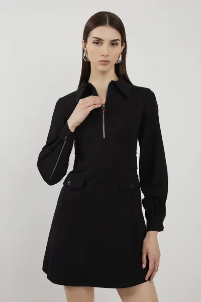 Приталенное мини-платье-рубашка из понте Karen Millen, черный