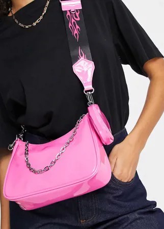 Розовая виниловая сумка через плечо с ремнем с принтом огня Bershka-Розовый цвет