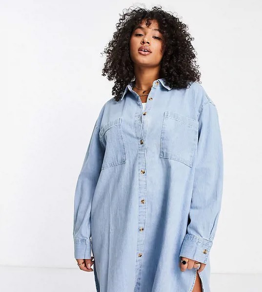 Выбеленное платье-рубашка в стиле oversized из мягкого денима ASOS DESIGN Curve-Голубой