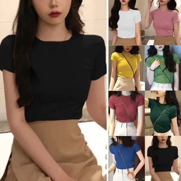 Лето Дамы Slim Fit Укороченные топы Футболка с коротким рукавом Повседневные тройники Экипаж Шея Пуловер Чистый цвет