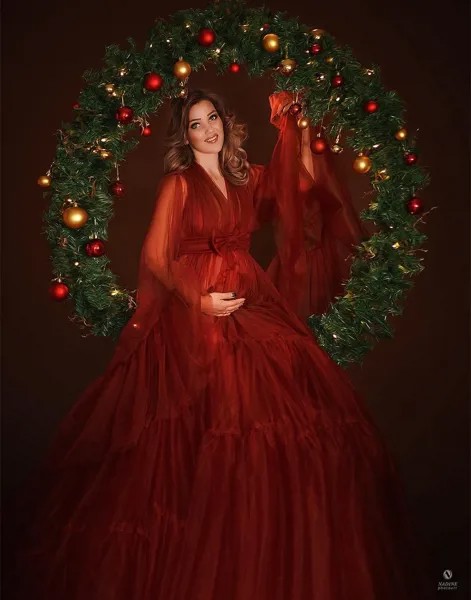 Красное платье платья для беременных женщин длинный тюлевый халат платье для фотосъемки День Рождения невесты пушистая одежда для вечеринки выпускного вечера
