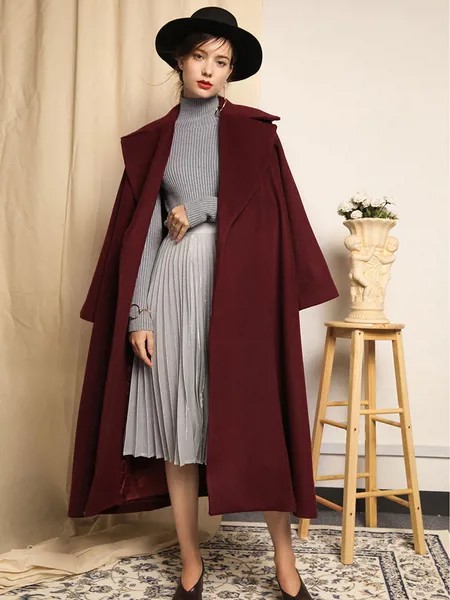 Milanoo Burgundy Winter Coat Long Sleeve Notch Collar Women's Wool Coats