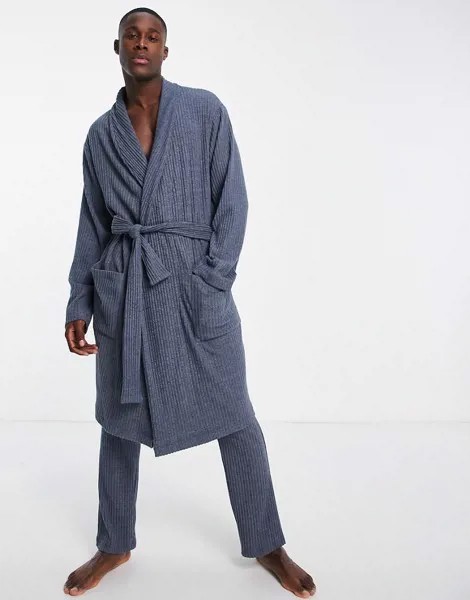 Синий мягкий халат в рубчик от комплекта ASOS DESIGN-Голубой