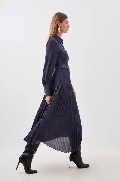 Платье миди со складками из джерси и жоржетта Karen Millen, темно-синий